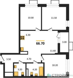 Планировка трехкомнатной(квартира) площадью 66.7 квадратных метров в ЖК “ЖК Дзен-кварталы”