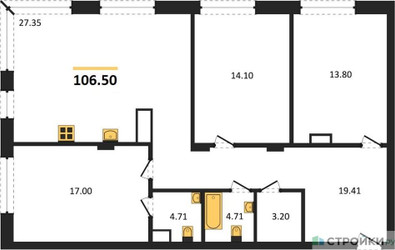 Планировка трехкомнатной(квартира) площадью 106.5 квадратных метров в ЖК “ЖК Vnukovo Country Club (Внуково Кантри Клаб)”