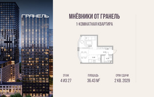 Планировка однокомнатной(квартира) площадью 36.43 квадратных метров в “ЖК Мневники от Гранель”