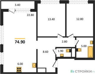 Планировка двухкомнатной(квартира) площадью 74.9 квадратных метров в ЖК “Квартал Филатов луг”