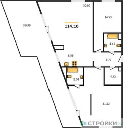 Планировка двухкомнатной(квартира) площадью 114.1 квадратных метров в ЖК “Квартал Foriver”