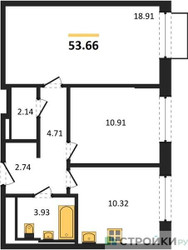 Планировка двухкомнатной(квартира) площадью 53.66 квадратных метров в ЖК “ЖК Рублевский Квартал”