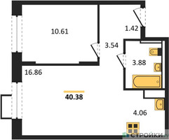 Планировка однокомнатной(квартира) площадью 40 квадратных метров в “ЖК Пригород Лесное”