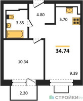 Планировка однокомнатной(квартира) площадью 34.74 квадратных метров в “ЖК Богдановский Лес”