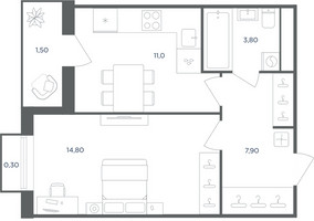 Планировка однокомнатной(квартира) площадью 37.6 квадратных метров в “ЖК Равновесие”