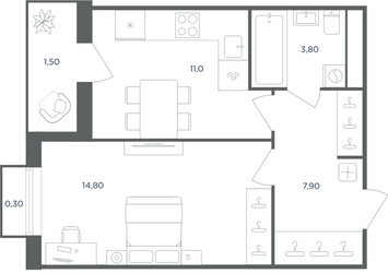 Планировка однокомнатной(квартира) площадью 37.6 квадратных метров в ЖК “ЖК Равновесие”