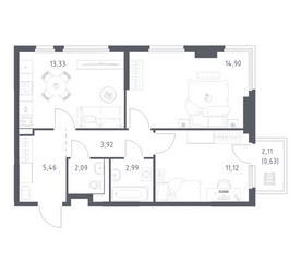 Планировка двухкомнатной(квартира) площадью 54.44 квадратных метров в ЖК “ЖК Пригород Лесное”