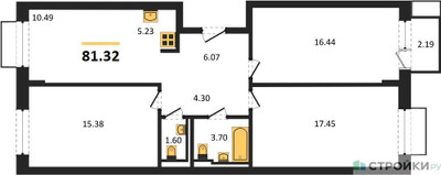 Планировка трехкомнатной(квартира) площадью 81.32 квадратных метров в ЖК “ЖК Новое Внуково”