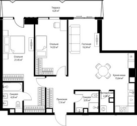 Планировка двухкомнатной(квартира) площадью 89.67 квадратных метров в ЖК “ЖК Джойс”