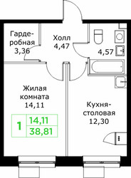 Планировка однокомнатной(квартира) площадью 38.81 квадратных метров в ЖК “ЖК КИТ 2”