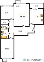 Планировка трехкомнатной(квартира) площадью 77.8 квадратных метров в “ЖК 1-й Ленинградский (Первый Ленинградский)”