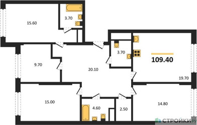 Планировка 4+ комнатной(квартира) площадью 109.4 квадратных метров в ЖК “ЖК Переделкино Ближнее”