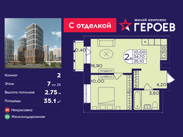Планировка двухкомнатной(квартира) площадью 35.1 квадратных метров в “ЖК Героев”