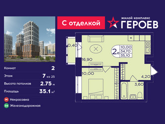 Планировка двухкомнатной(квартира) площадью 35.1 квадратных метров в ЖК “ЖК Героев”
