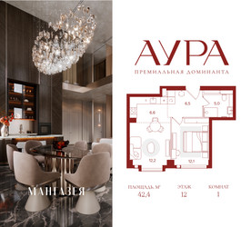 Планировка однокомнатной(квартира) площадью 42.4 квадратных метров в ЖК “ЖК АУРА”