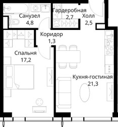 Планировка однокомнатной(квартира) площадью 49.8 квадратных метров в ЖК “ЖК Сити Бэй”