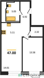 Планировка однокомнатной(квартира) площадью 47 квадратных метров в ЖК “ЖК Квартал Герцена”