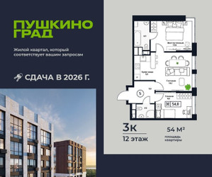 Планировка трехкомнатной(квартира) площадью 54 квадратных метров в ЖК “ЖК Пушкино Град”