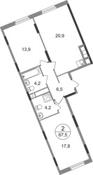 Планировка двухкомнатной(квартира) площадью 67.5 квадратных метров в ЖК “ЖК Переделкино Ближнее”