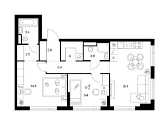 Планировка двухкомнатной(квартира) площадью 63 квадратных метров в ЖК “Бунинская набережная”