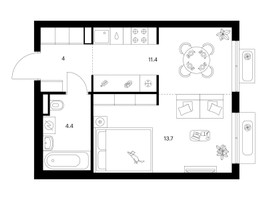 Планировка однокомнатной(квартира) площадью 33.5 квадратных метров в “ЖК Ильинские луга”