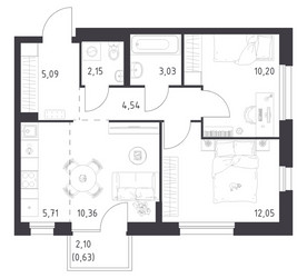 Планировка двухкомнатной(квартира) площадью 53.76 квадратных метров в ЖК “ЖК Новое Внуково”