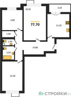 Планировка трехкомнатной(квартира) площадью 77.7 квадратных метров в “ЖК ЮЖНАЯ БИТЦА”