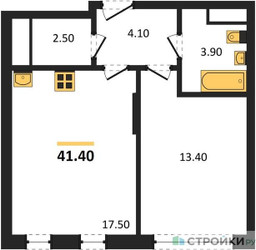 Планировка однокомнатной(квартира) площадью 41.4 квадратных метров в ЖК “ЖК Переделкино Ближнее”