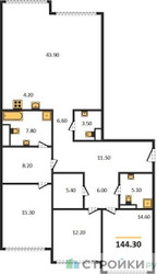 Планировка трехкомнатной(квартира) площадью 144.4 квадратных метров в ЖК “ЖК OPUS (Опус)”