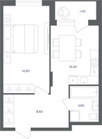 Планировка однокомнатной(квартира) площадью 37.7 квадратных метров в “ЖК Равновесие”