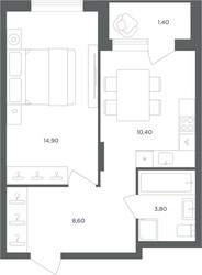 Планировка однокомнатной(квартира) площадью 37.7 квадратных метров в ЖК “ЖК Равновесие”