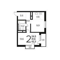Планировка двухкомнатной(квартира) площадью 43.3 квадратных метров в “Новые Ватутинки. Заречный”