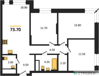 Планировка трехкомнатной(квартира) площадью 73.7 квадратных метров в ЖК “ЖК Первый Московский”