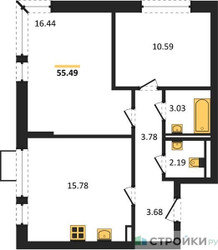 Планировка двухкомнатной(квартира) площадью 55.49 квадратных метров в ЖК “ЖК Егорово Парк”