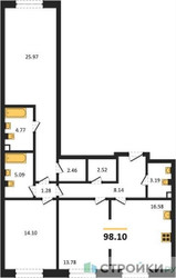 Планировка трехкомнатной(квартира) площадью 98.1 квадратных метров в ЖК “ЖК iLove (АйЛав)”