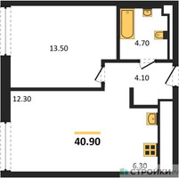 Планировка однокомнатной(квартира) площадью 40.9 квадратных метров в “ЖК INJOY (Инджой)”