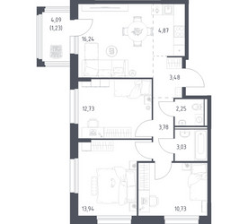Планировка трехкомнатной(квартира) площадью 72.28 квадратных метров в ЖК “ЖК Прибрежный Парк”