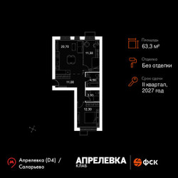 Планировка трехкомнатной(квартира) площадью 63.3 квадратных метров в ЖК “Апрелевка Клаб”