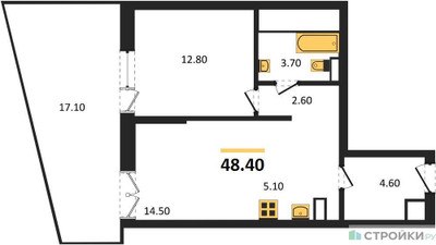 Планировка однокомнатной(квартира) площадью 48.4 квадратных метров в ЖК “ЖК VERY на Миклухо-Маклая (Вери на Миклухо-Маклая)”