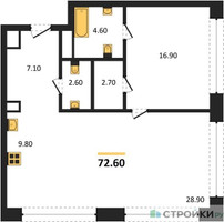 Планировка однокомнатной(квартира) площадью 72.6 квадратных метров в “ЖК Монблан”