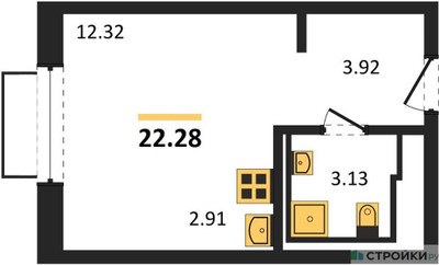 Планировка студии(квартира) площадью 22.28 квадратных метров в ЖК “ЖК Новое Внуково”