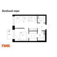 Планировка однокомнатной(квартира) площадью 37.7 квадратных метров в “ЖК Зеленый парк”