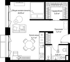 Планировка однокомнатной(квартира) площадью 44.25 квадратных метров в “Архитектурный проект Мыс”