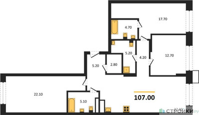 Планировка трехкомнатной(квартира) площадью 107 квадратных метров в ЖК “ЖК Символ”