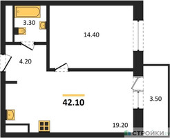 Планировка однокомнатной(квартира) площадью 42.8 квадратных метров в “ЖК Одинцовские кварталы”