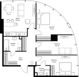 Планировка трехкомнатной(квартира) площадью 97.1 квадратных метров в ЖК “ЖК ОНЕ”