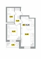 Планировка двухкомнатной(квартира) площадью 44.28 квадратных метров в “ЖК Радость (Радумля Парк)”