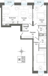 Планировка трехкомнатной(квартира) площадью 77 квадратных метров в ЖК “ЖК КИНОКВАРТАЛ”