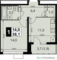 Планировка однокомнатной(квартира) площадью 38.1 квадратных метров в “ЖК ЮЖНАЯ БИТЦА”