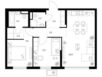 Планировка двухкомнатной(квартира) площадью 55.4 квадратных метров в ЖК “ЖК Кавказский бульвар 51”
